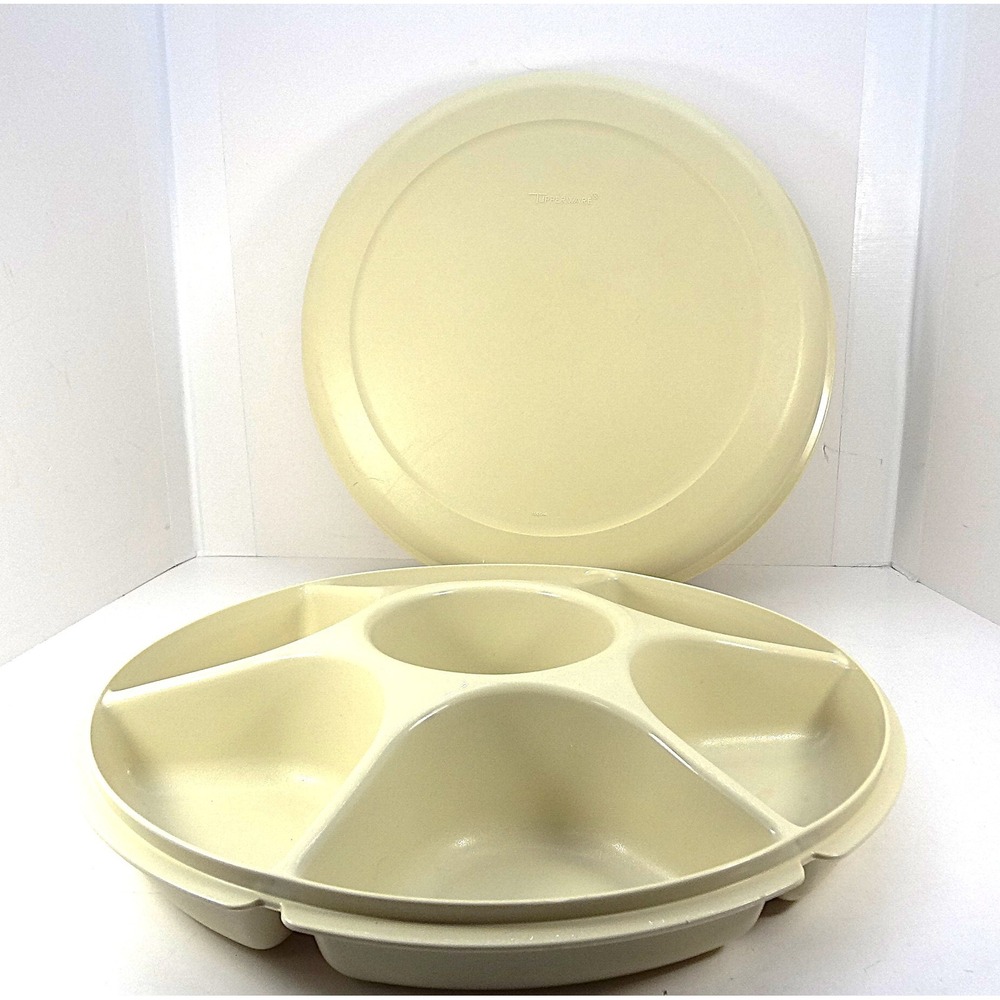 Vintage Tupperware Jeal-Ette 1665 Serving Tray Almond Cream 6 Section Dip Bowl